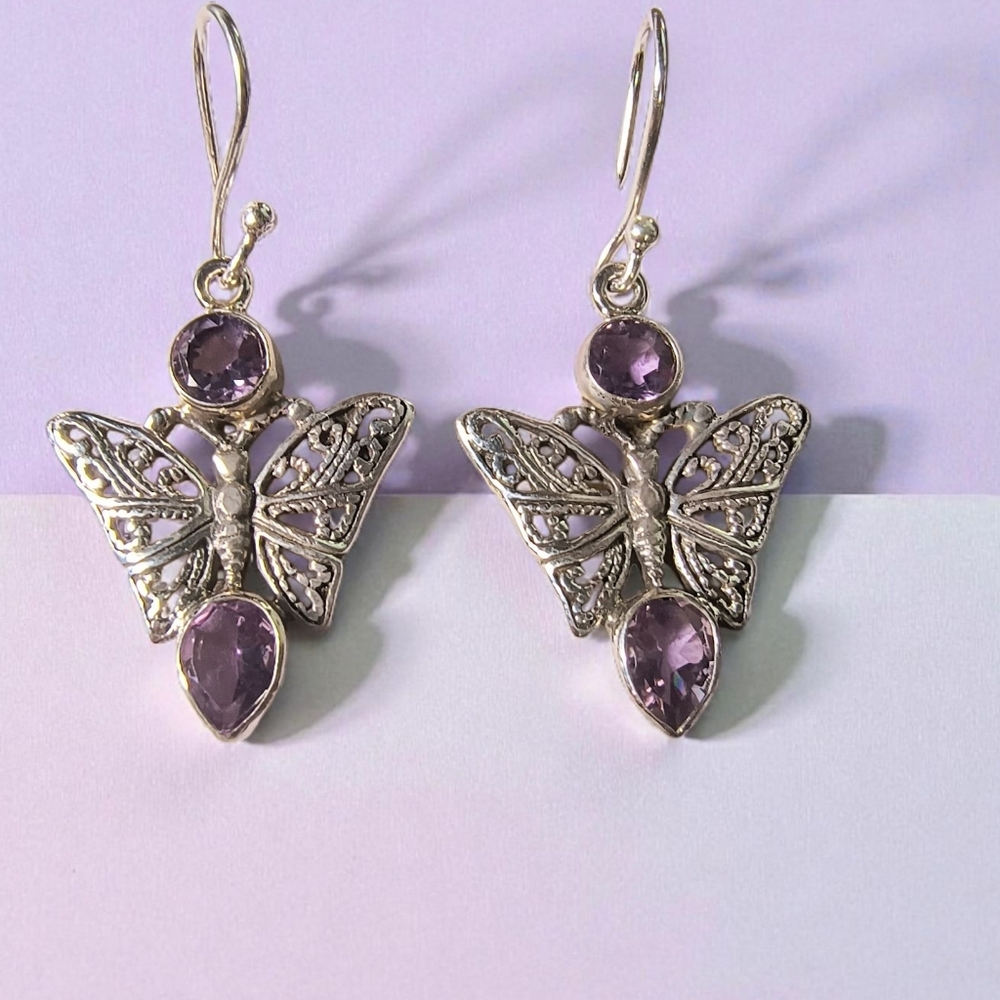 Sterling Silver Filigree Butterfly Earrings with Amethyst Gemstones Brand New